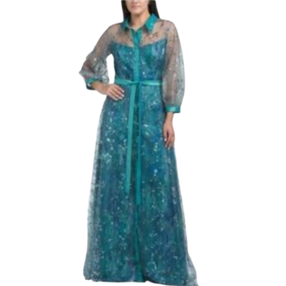 RENE RUIZ COLLECTION Aqua Three-quarter Sleeve Sequin Shirt Gown Maxi Dress NEW